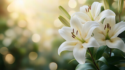 Naklejka premium white flowers set against a soft bokeh background. The delicate blooms evoke feelings of purity, peace, and elegance, making it ideal for romantic or contemplative themes