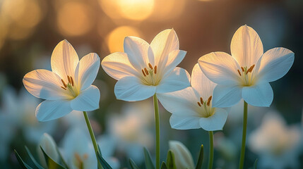 Fototapeta premium white flowers set against a soft bokeh background. The delicate blooms evoke feelings of purity, peace, and elegance, making it ideal for romantic or contemplative themes