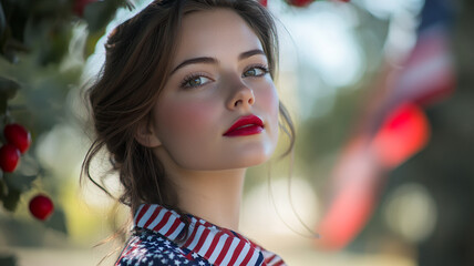 Fototapeta premium Young woman wearing an American flag shirt with red lips poses amidst summer foliage and flags