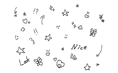 A set of decorations and decorations drawn in hand-drawn pen art. The stylish and cute design is characterized by its simplicity and ease of use.