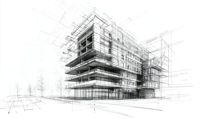 Detailed Architectural Drawing with Technical Lines and Sketches of a Building
