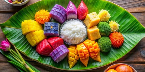 Delight in a stunning Thai dessert platter with vivid coconut sticky rice and an array of tropical fruits,