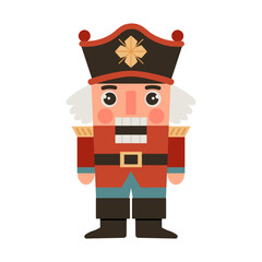 Christmas vintage nutcracker toy soldier in traditional red uniform. Flat vector illustration on white background