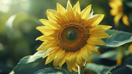 Naklejka premium Close-up of a single sunflower with intricate details and a backdrop of soft green leaves