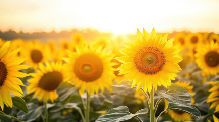 Obraz premium A sunflower farm in full bloom, creating a sea of yellow petals against a clear summer sky