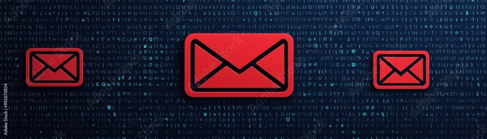 Poster a digital representation of red envelope icons on a dark background, symbolizing email communication