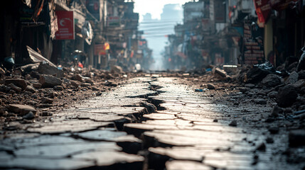 cracked city street stretches into the distance, symbolizing resilience amidst urban decay. The road reflects the challenges of city life and the potential for renewal and growth