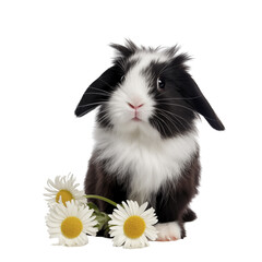 Obraz premium Adorable Black And White Rabbit Sitting Next To White Daisies On White Background