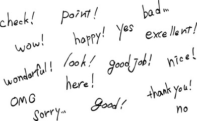 A hand-drawn text set. Features stylish and cute designs, perfect for emphasizing messages or comments. Simple and easy to use.