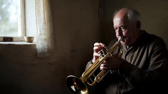 A talented elderly musician plays a soulful trumpet tun while basking in natural light. Generative AI