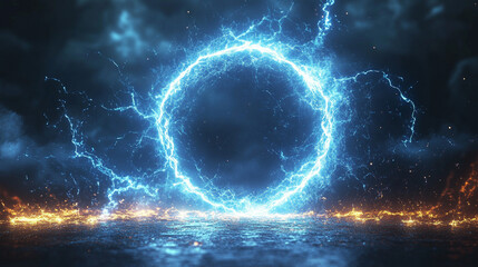 glowing electric blue lightning round frame pulses with energy, symbolizing power, technology, and transformation. The dynamic light signifies innovation, futuristic vision, and vitality