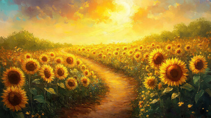 Fototapeta premium Sunflowers with a garden pathway winding through a vibrant, sunlit field