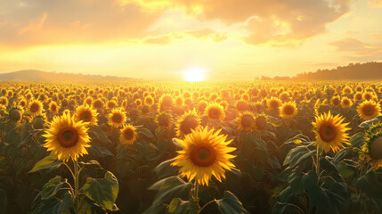 Fototapeta premium A panoramic view of a sunflower field at sunrise, with golden light illuminating the blooms