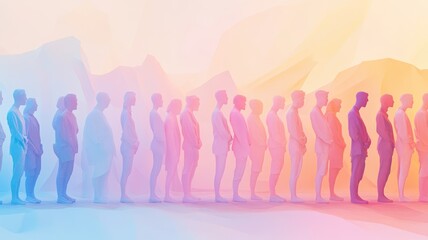 Silhouetted figures in a colorful gradient, symbolizing diversity and unity in a harmonious blend of soft hues and abstract forms.