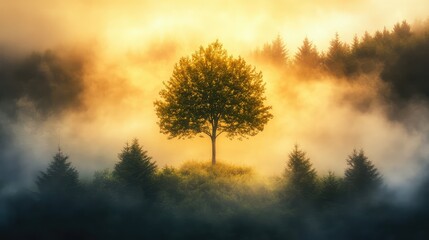 Obraz premium Majestic tree reaching into the misty sky, bathed in soft golden light, standing out against a fog-shrouded forest below