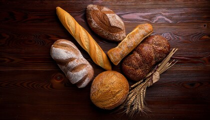 A variety of basic breads on the top view table