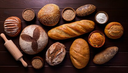 A variety of basic breads on the top view table