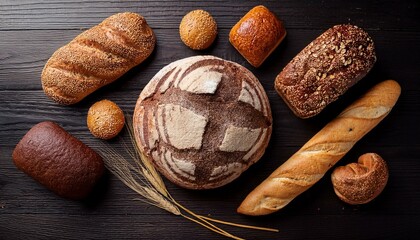 A variety of basic breads on the top view table