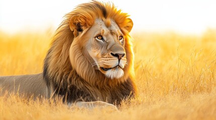 Lion resting in tall grass during sunset, bathed in warm golden light in the African wilderness