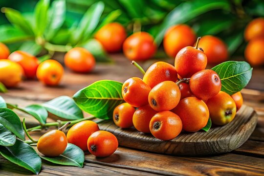 Fresh jocote fruit displayed on a rustic wooden table, surrounded by green leaves, symbolizes a vibrant, healthy