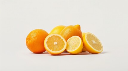 Bright oranges and lemons on a white background