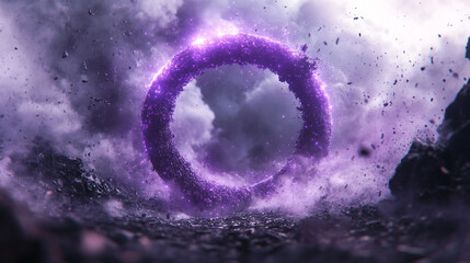 purple abstract ring made of swirling particles forms a circular effect. The dynamic motion symbolizes unity, infinity, and cosmic energy, evoking feelings of mystery and transformation