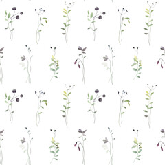 Floral seamless pattern with delicate abstract plants, isolated watercolor illustration for textile, wallpapers, fabric or template for background. Hand drawn print in provence style. 