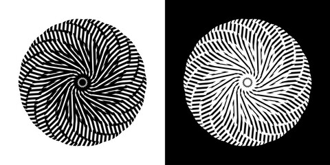 Abstract background with abstract line pattern in circles. Spiral art design as a logo or icon. A black figure on a white background and the same white figure on a black side. Mandala design with line