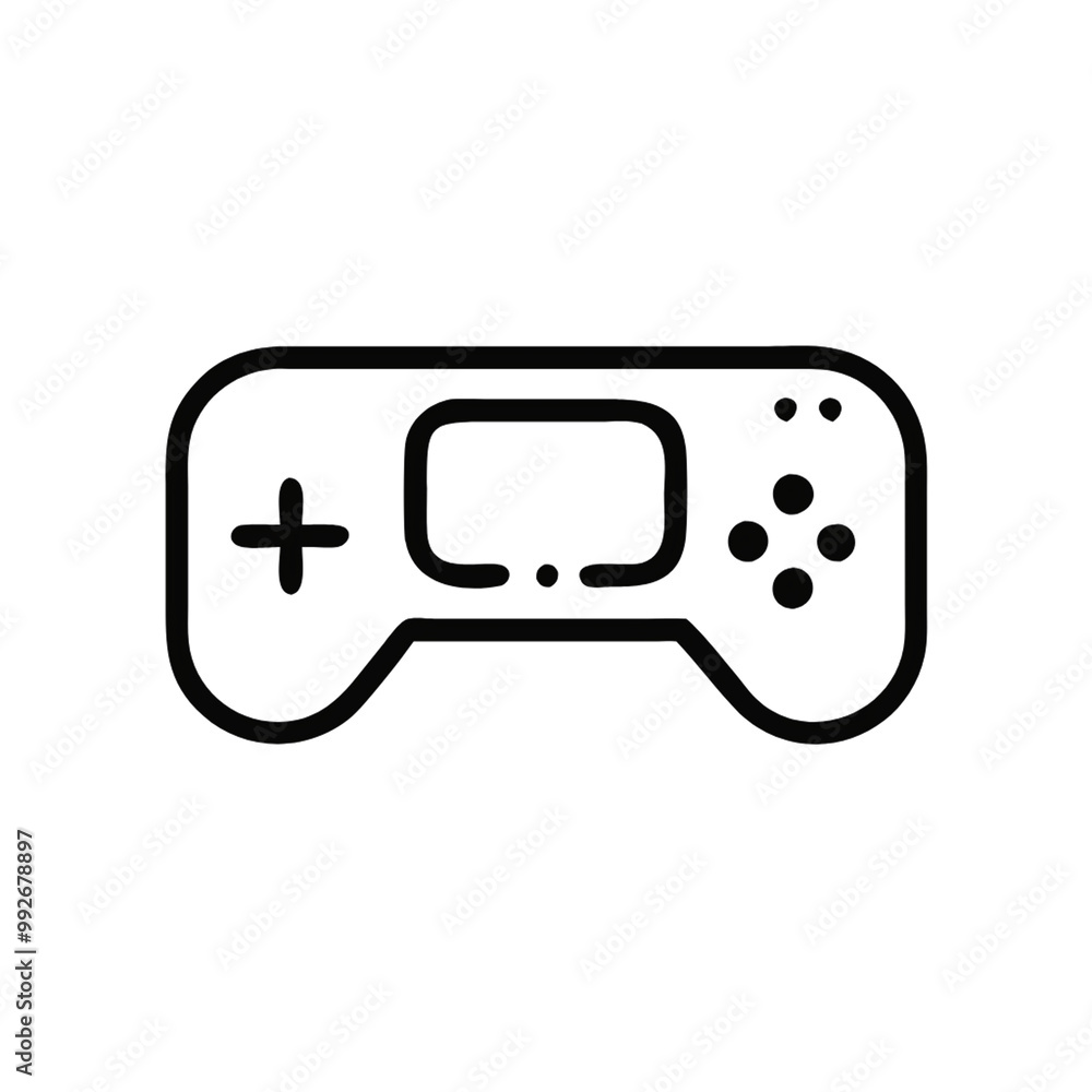 Poster a simple video game controller, outlined in black. the controller has a directional pad on the left,