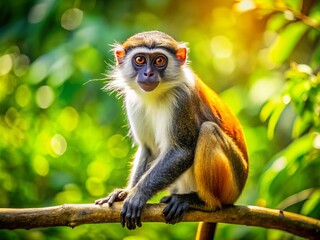 Fototapeta premium In a lush green forest, a striped monkey quietly sits on a branch, illuminated by bright natural sunlight,