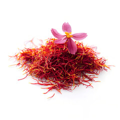 Naklejka premium Dried saffron threads. Bunch of saffron stamens on white background. Spices. Crocus buds. Saffron stigmas heap. High resolution photo