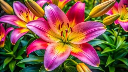 Fototapeta premium In a peaceful garden, a stunning pink and yellow lily blossoms, exemplifying nature's grace and the enchanting elegance