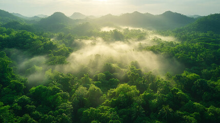 lush rainforest canopy, showcasing the vibrant green foliage and dense vegetation. This image symbolizes nature's abundance, resilience, and the interconnectedness of life