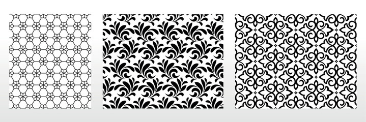 Geometric floral set of seamless patterns. White and black vector backgrounds. Damask graphic ornaments.