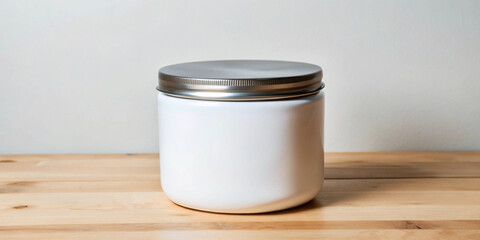 A white jar with a silver metal lid positioned on a wooden surface, ideal for showcasing creams or other beauty products in a clean, elegant manner.