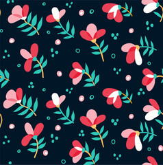Abstract retro seamless pattern. Pink flowers on black with branches and leaves