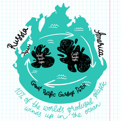 Global environmental problems illustration. Pacific Ocean pollution map.