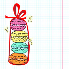 Stack of bright macarons with red ribbon and bow and copy spase, sketch style vector illustration. Notepad page.