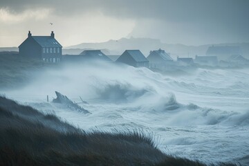 A dramatic seascape showcasing turbulent waves crashing against the shore under a stormy sky, with a distant house silhouetted.