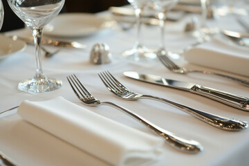 Elegant table setting with polished silverware, white napkins, and crystal glasses for a formal dining experience