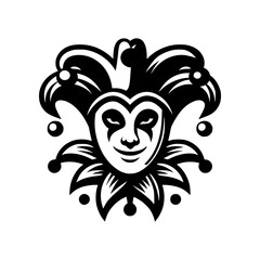 Vector logo of a jester isolated on a white background. Black and white illustration of a joker. Can be used as a tattoo, emblem, logo.