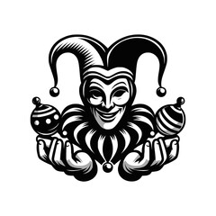Vector logo of a jester isolated on a white background. Black and white illustration of a joker. Can be used as a tattoo, emblem, logo.