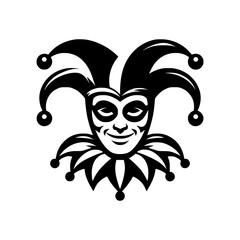 Vector logo of a jester isolated on a white background. Black and white illustration of a joker. Can be used as a tattoo, emblem, logo.