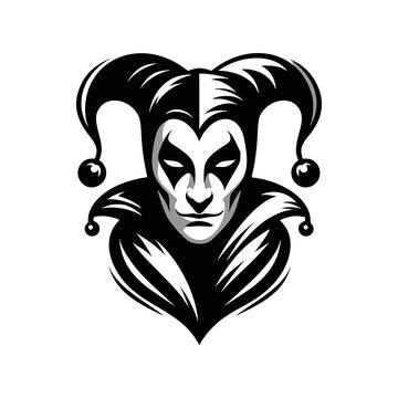Vector logo of a jester isolated on a white background. Black and white illustration of a joker. Can be used as a tattoo, emblem, logo.