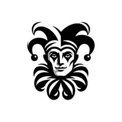 Vector logo of a jester isolated on a white background. Black and white illustration of a joker. Can be used as a tattoo, emblem, logo.