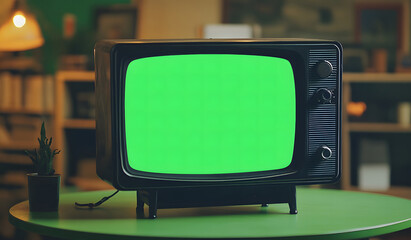 Vintage Television with Green Screen Display on Wooden Table design