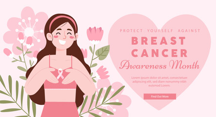 Breast cancer awareness month poster with smiling woman. Vector illustrations.