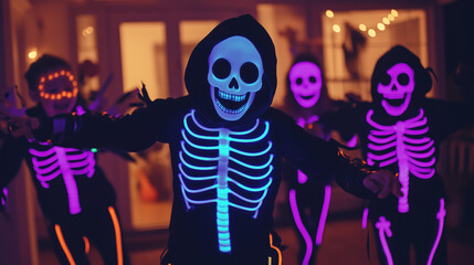 Glow stick skeleton costume for Halloween, kids wearing neon glowing sticks at night going out for party, candies, trick or treat. whimsical spooky halloween concept. Haunted house scary neighborhood