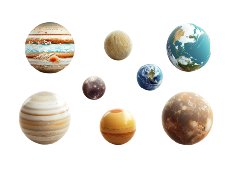 set of planets from the solar system, isolated against a transparent background