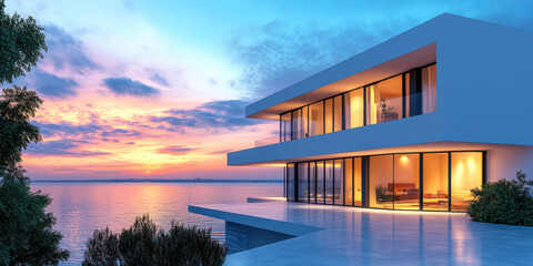 Fototapeta premium minimalist villa with sea in dawn . AI generative.